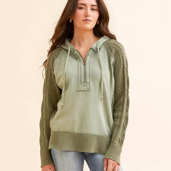 BKE Quarter Zip Hooded Sweatshirt Sea Spray Green Buckle Large Cable Knit - Picture 1 of 8